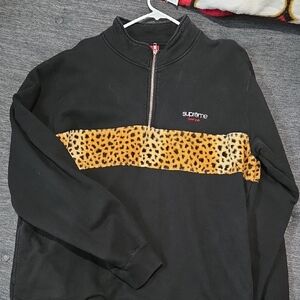 Supreme Black and Leopard Print Zip-Up Sweater